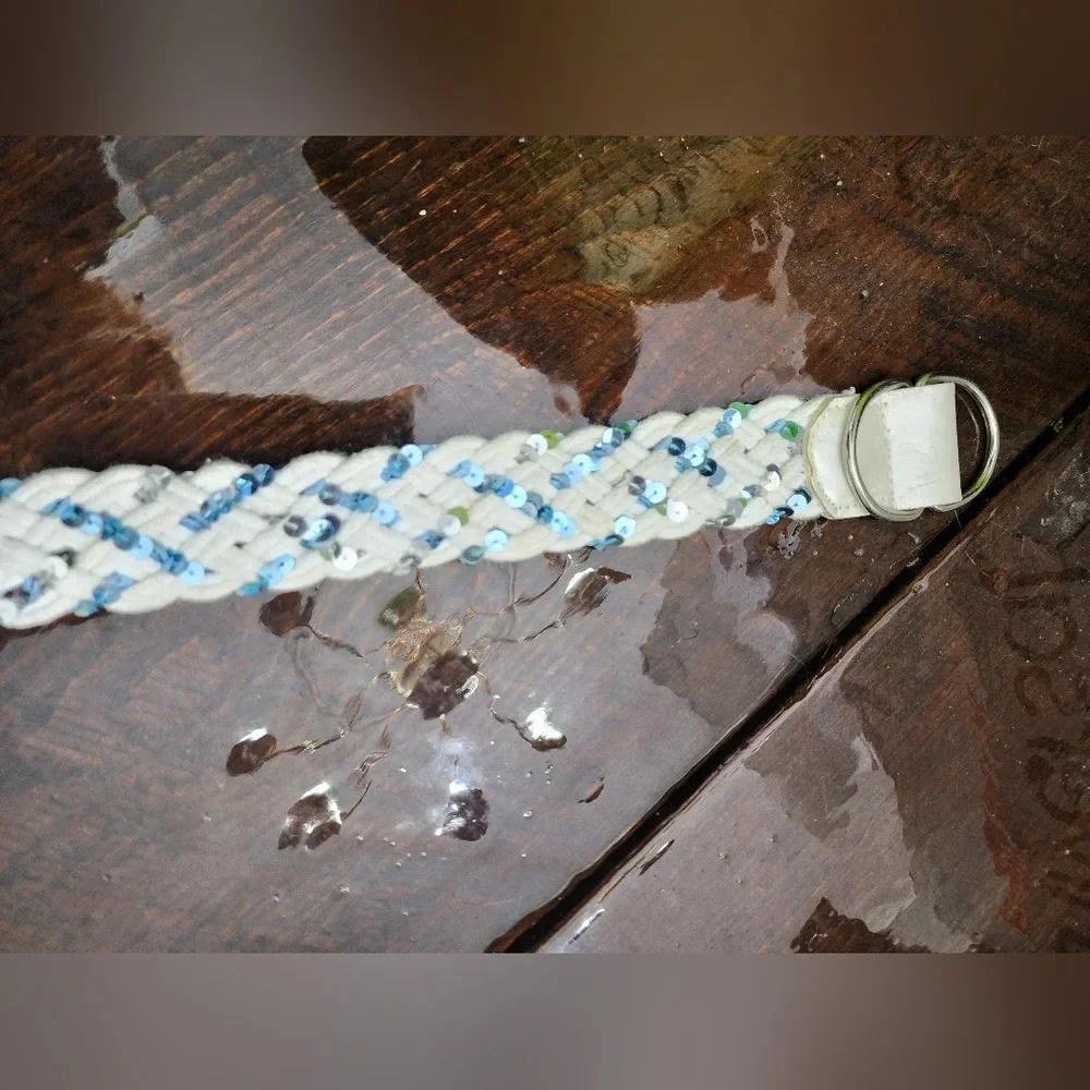 👸👖🩳 White Braided D-ring Belt with blue & silver sequins